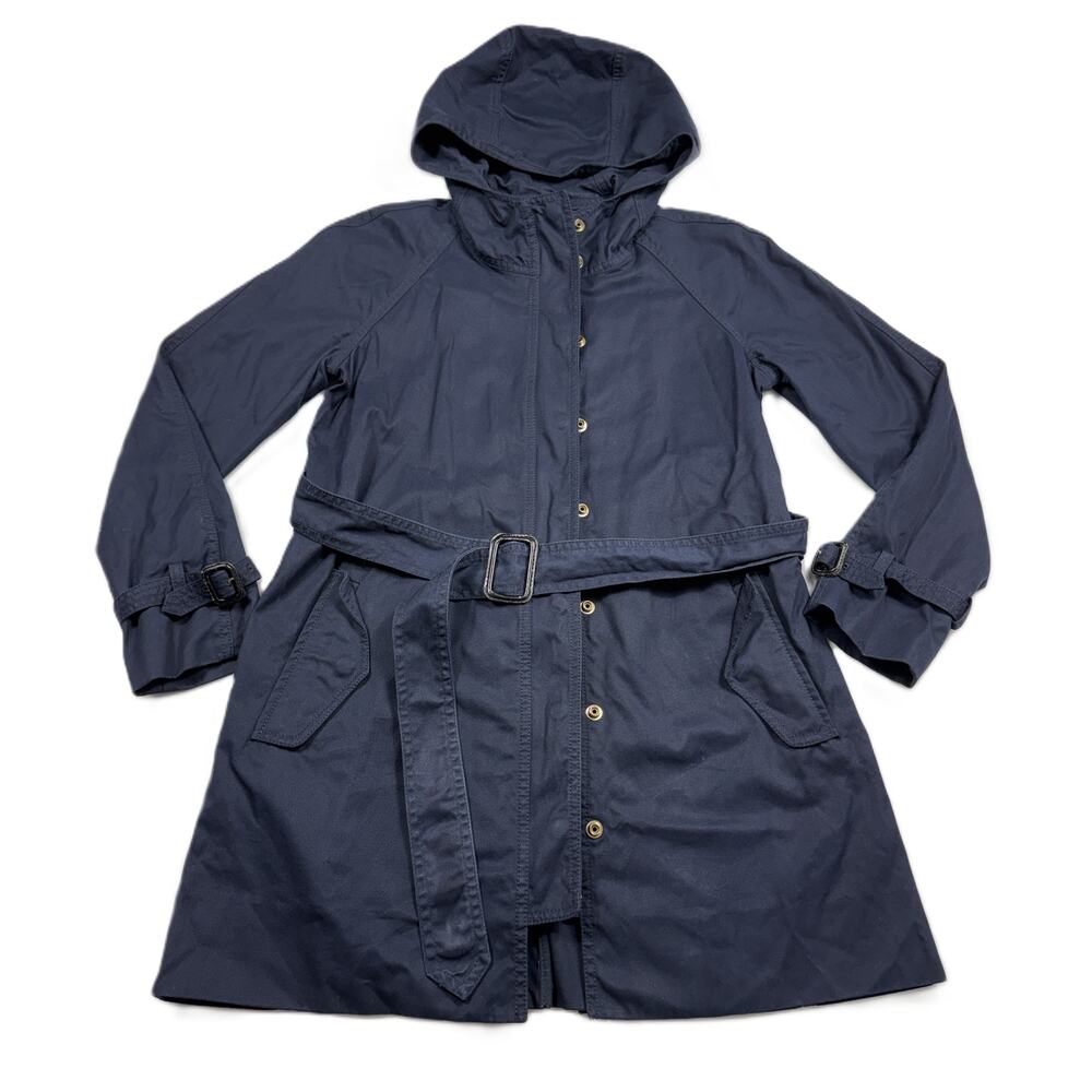 J.Crew Women Hooded Trench Coat Belted Cuffed Zip Navy Blue Cotton Size 2 - Picture 7 of 10